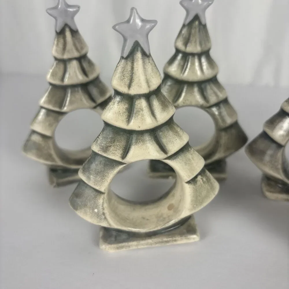 Ceramic Christmas Tree Holiday Napkin Rings Holders Set Of 6